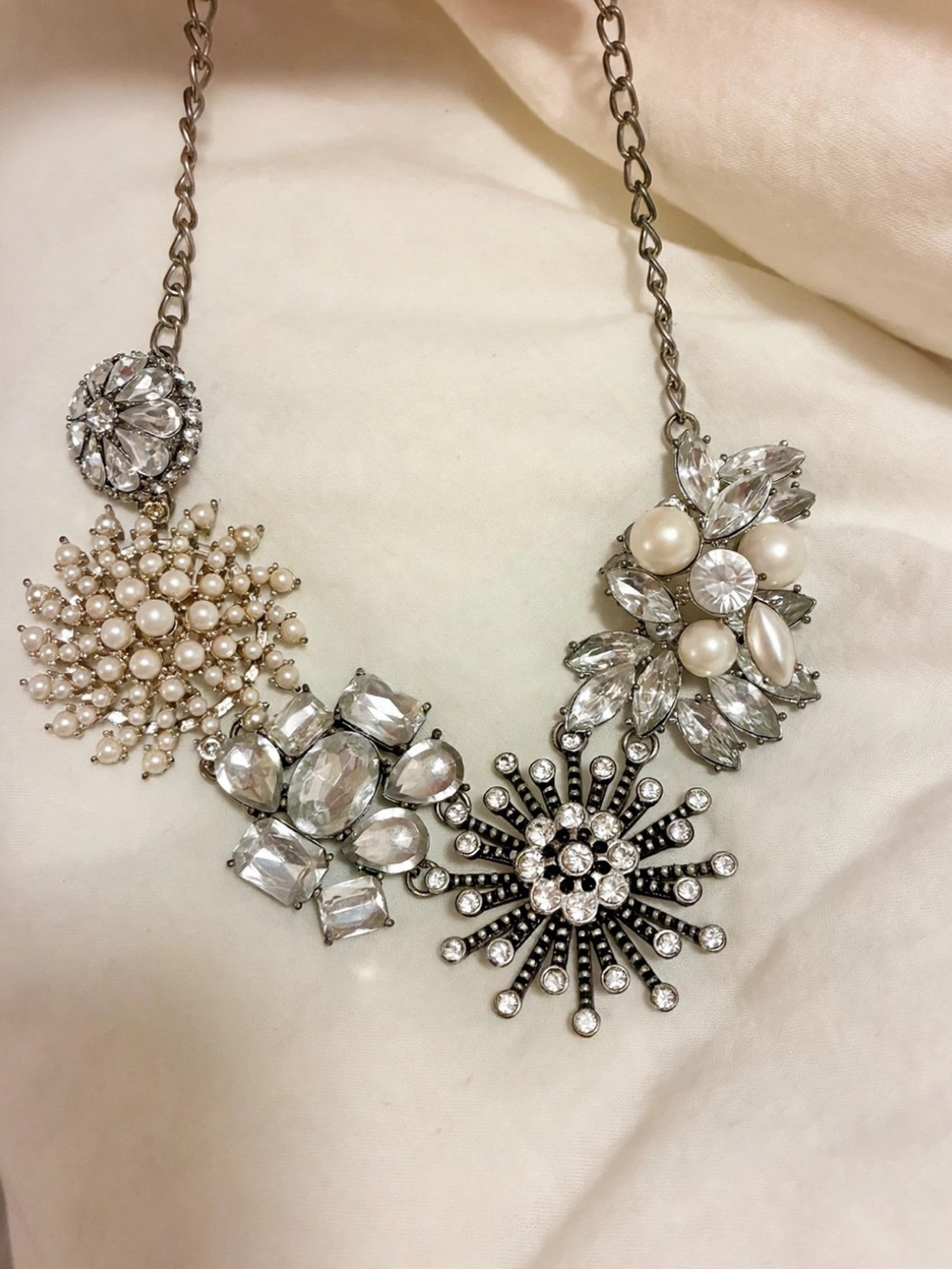 Crystal & Pearl Statement Necklace - Silver Tone